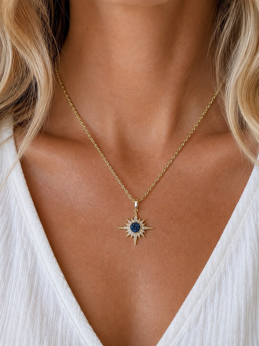 Dark Blue Natural Druzy Starburst Necklace 18K Gold Plated Celestial Pendant - Picture 2 of 4